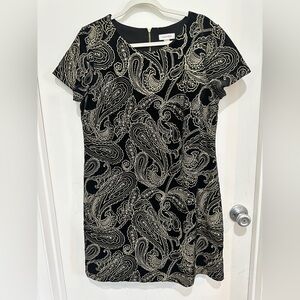 Calvin Klein Black and Gold Embroidered Velvet Mini Dress